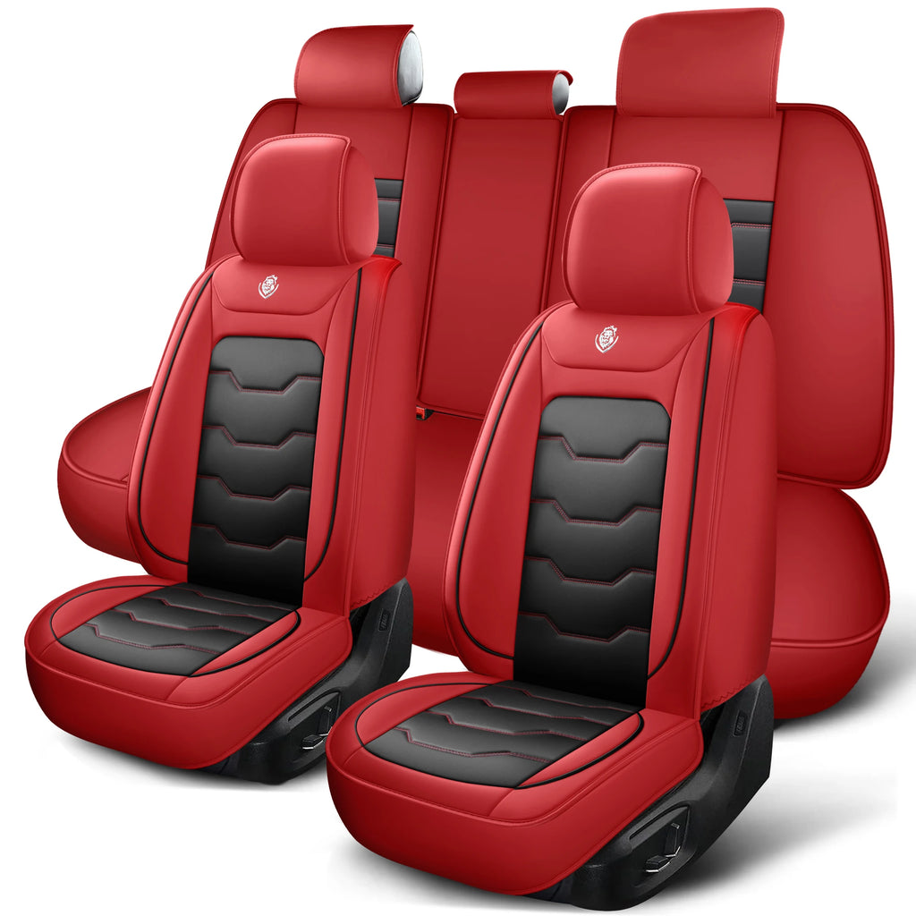 Car seat cover, 5-seater universal, suitable for 90% of 5-seater models，Waterproof leather car interior, (Black/Red)