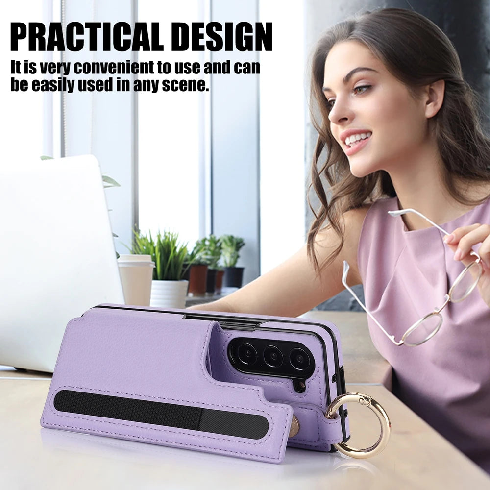 Ring Bucket Wallet Phone Case For Samsung Galaxy Z Fold7 Z Fold 6 5 7 4 3 Leather Case Kickstand Pen Cash Card Slots Phone Cover