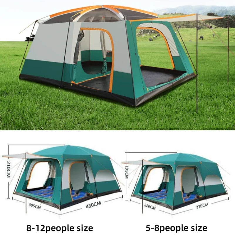 5-8/8-12 Person Outdoor Canopy Tent, Two Bedroom One Living Room Large Tent Mosquito Proof Skylight Family Travel Outing Equipm