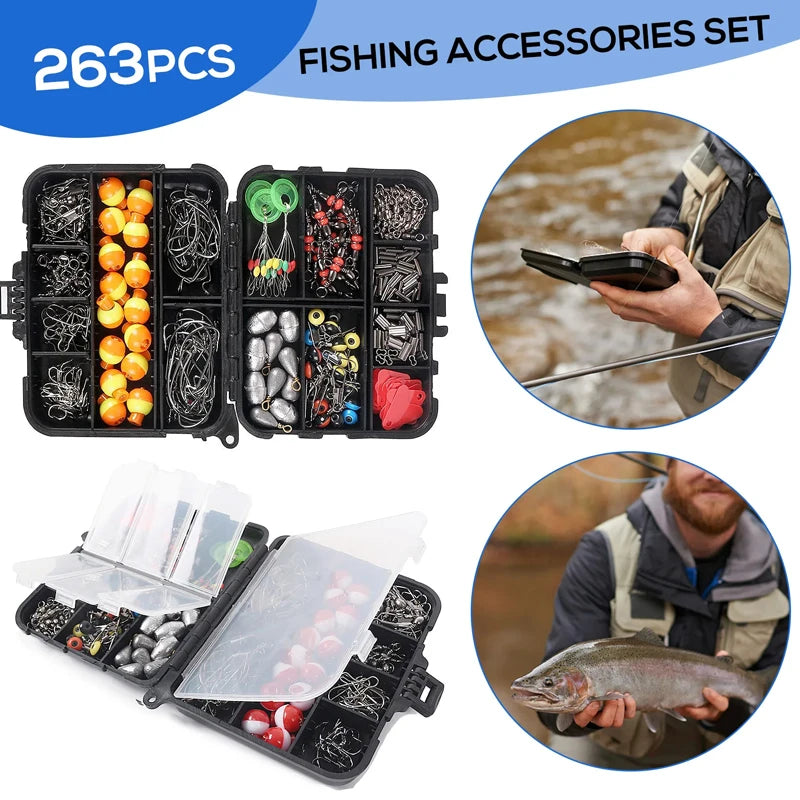 263pcs Outdoor Fishing Accessories Set With Tackle Box Including Plier Jig Hooks Sinker Weight Swivels Snaps Sinker Slides Kit