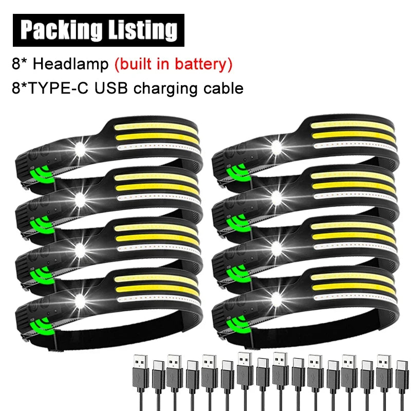Induction Headlamp COB LED Sensor Head Lamp Built-in Battery Flashlight USB Rechargeable Head Torch 10 Lighting Modes Headlight