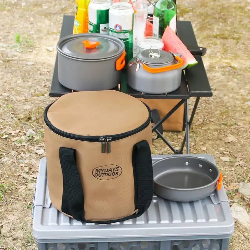 Camping Utensil Bag Portable Pot Organizer Pouch With Zipper Travel Use Cooking Set Storage Pouch Multifunctional Bucket Round