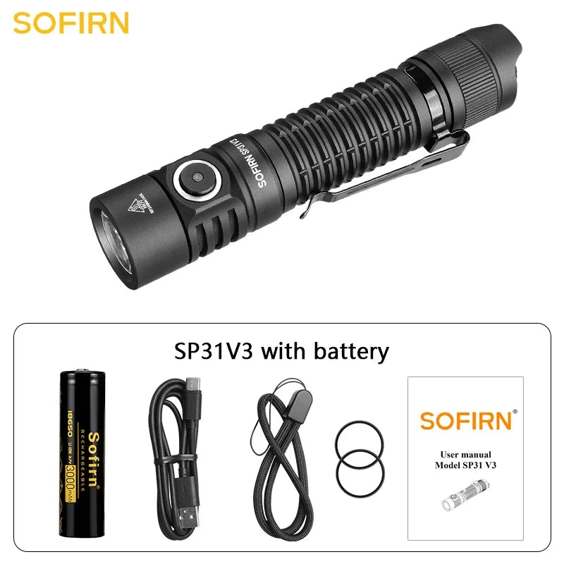 Sofirn SP31 V3.0 Tactica Flashlight with Dual Switch USB C 18650 Rechargeable Power Indicator 6000K Torch