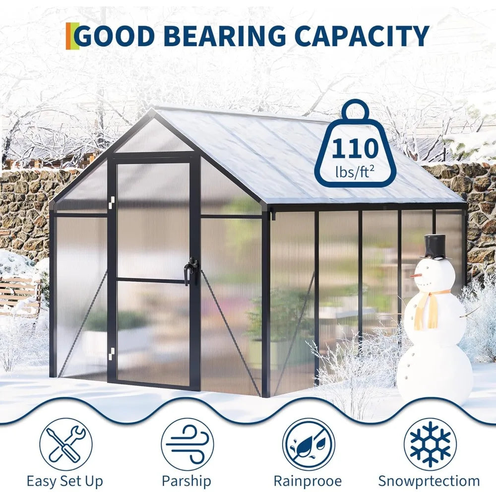 6x10 FT Greenhouse for Outdoors, Polycarbonate Flower with Roof Vent, Push-Pull Lockable Door, Aluminum Walk-in Green