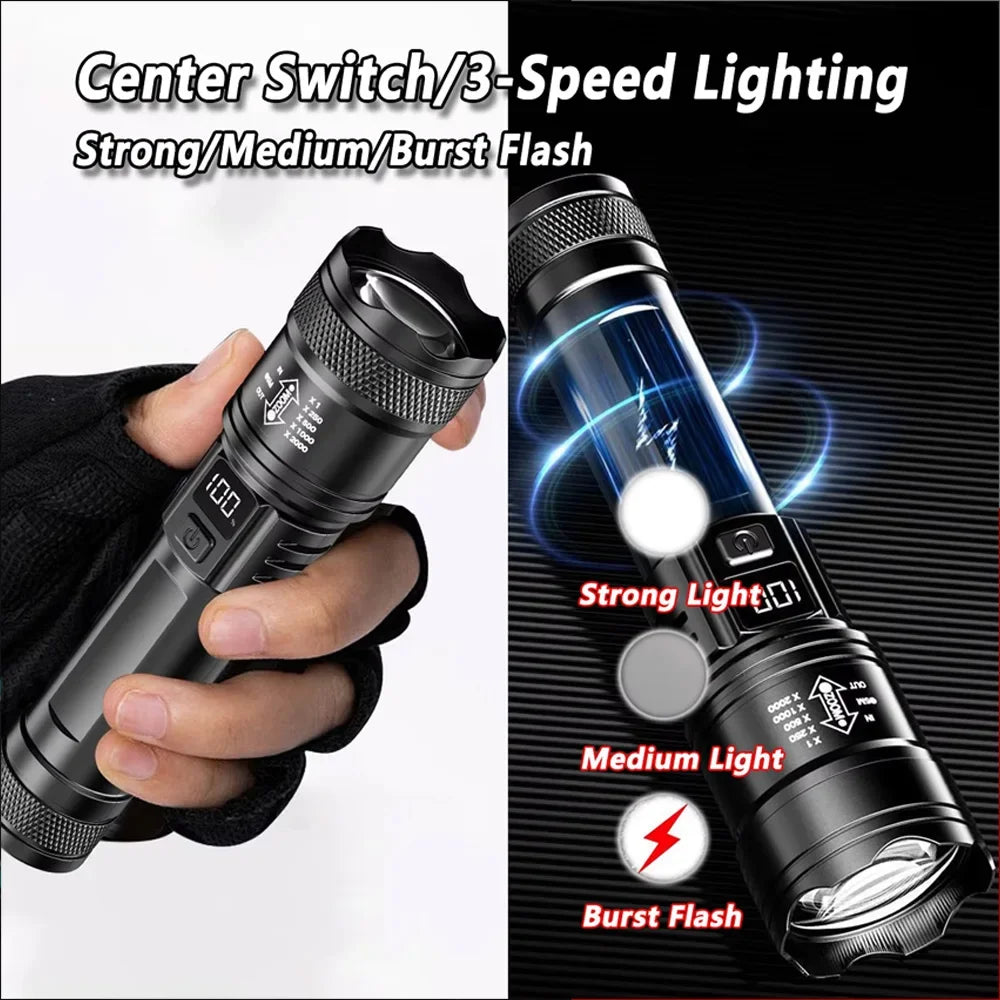Super Powerful LED Flashlight Battery Display USB Rechargeable Light Telescopic Zoom Torch Lamp Outdoor Camping Fishing Lantern