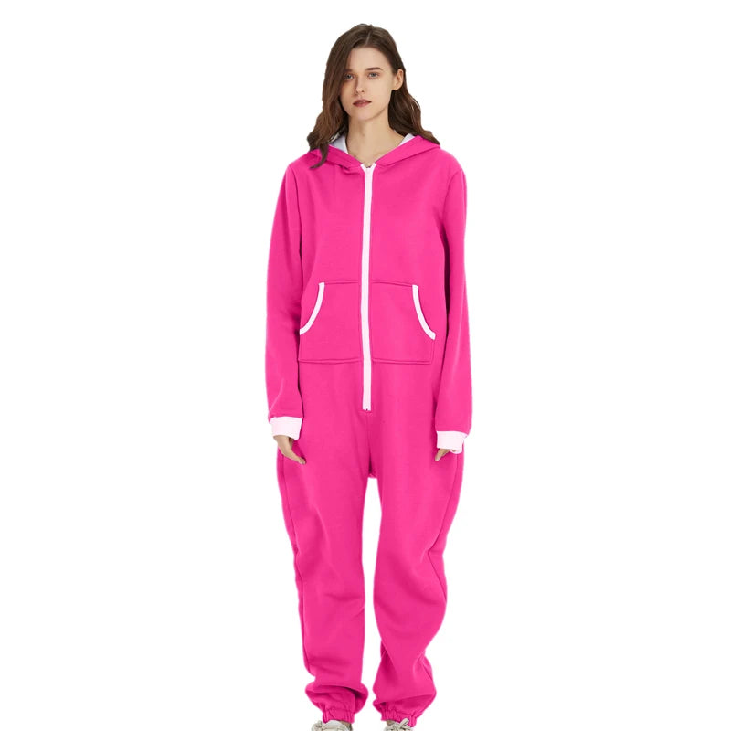 Unisex Sleepwear Jumsuits Hooded Pockets  Zipper Onesies One Piece Solid Pajamas Homewear Long Sleeve Nightwear  Casual Pyjamas