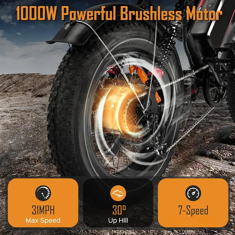 S8 Electric Bike for Adult, 1000W 20" Fat Tire 48V 17.5AH Removable Battery, Max 35-70 Miles Electric Motorcycle