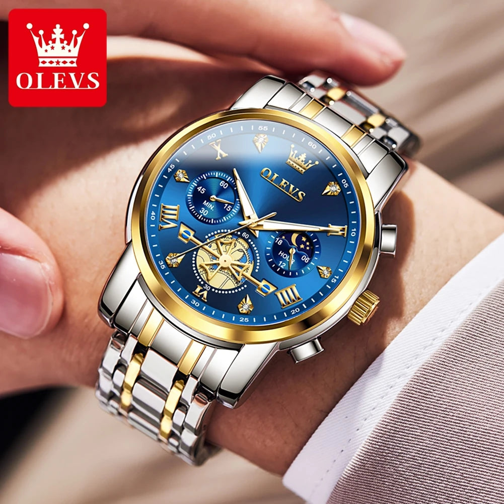 OLEVS 2856 Quartz Watch for Men Flywheel Skeleton Chronograph Moon Phase
