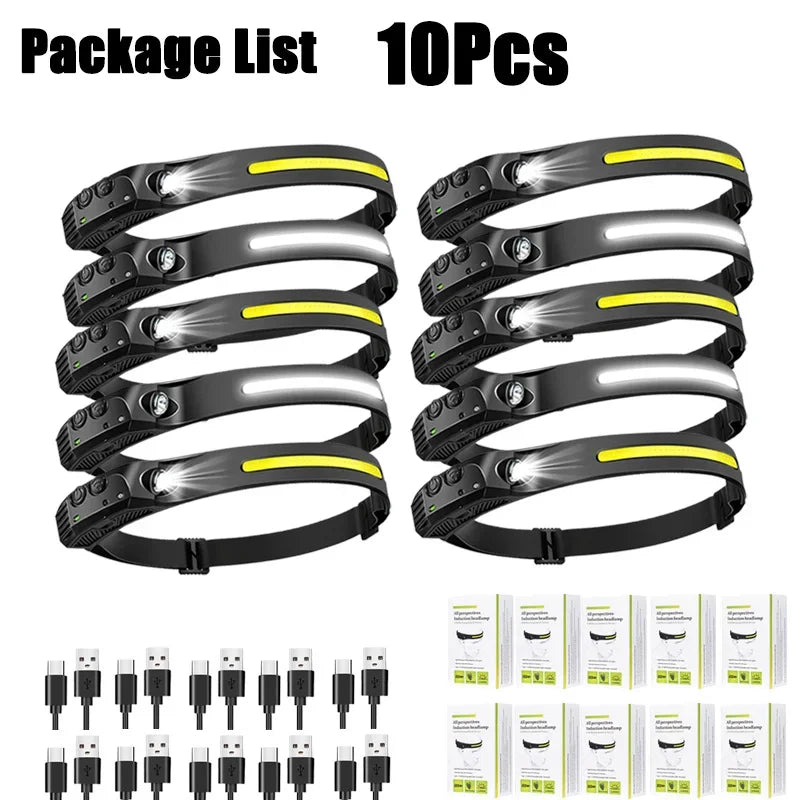 Sensor Headlamp USB Rechargeable LED Flashlight XPE+COB Torch Camping Waterproof Headlight Fishing Headlamp 1/2/3/4/5/8/10PCS