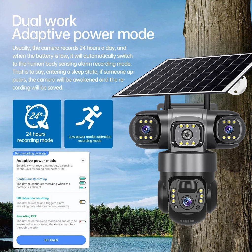 6K 15MP 4G SIM Solar Camera Outdoor 3 Lens 3 Screen Surveillance CCTV PTZ Human Detect Auto Tracking Solar Security Camera V380