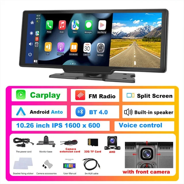 Podofo 10.26" Dash Cam 4K Rearview Camera Wireless Carplay Android Auto GPS with Voice Control Dashboard DVR Car Monitor