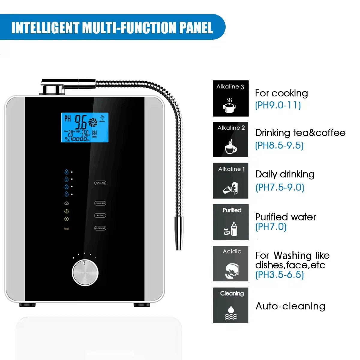 Water Ionizer Hydrogen Water Generator Machine Alkaline Acid Water Filter Auto-Cleaning, LCD Touch,