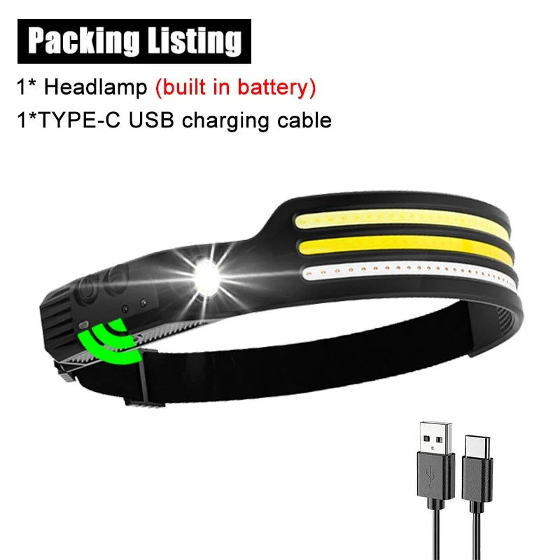 Induction Headlamp COB LED Sensor Head Lamp Built-in Battery Flashlight USB Rechargeable Head Torch 10 Lighting Modes Headlight