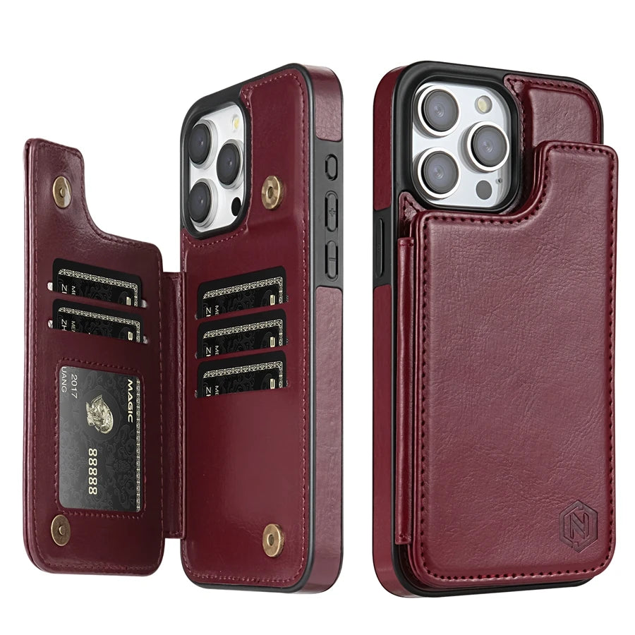 Wallet Solid Color Magnetic Double Buckle RFID Blocking Card Leather Case For iPhone 15 Pro Max 14 Plus 13 12 11 XR XS SE 2 8 7