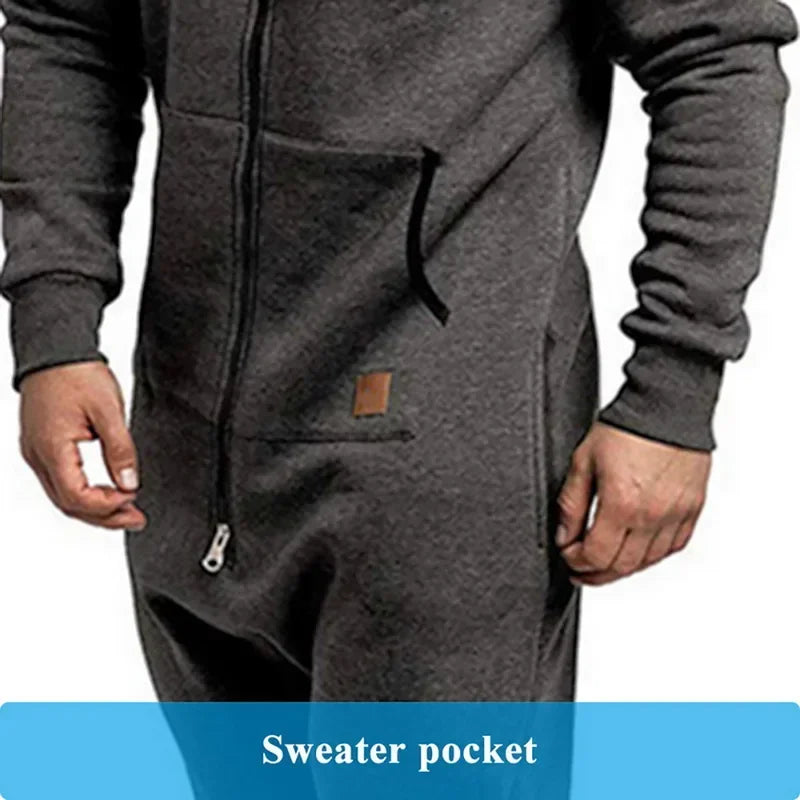 Mens Onesie Jumpsuit Pajamas Long Sleeve Sweatpants Pure Color Splicing Autumn Winter Casual Hoodie Male Zipper Jumpsuit