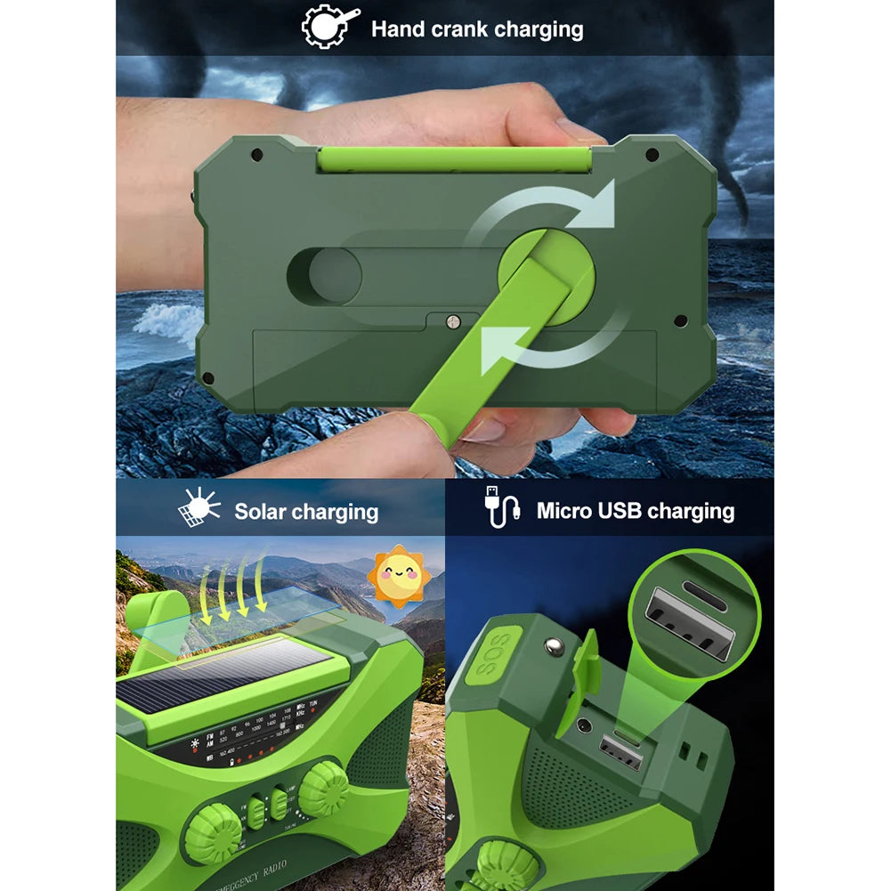 Emergency Solar Power Hand Crank Dynamo Generator 10000mAh Phone Charger Bank SOS AM/FM Weather Flashlight Radio Power Bank