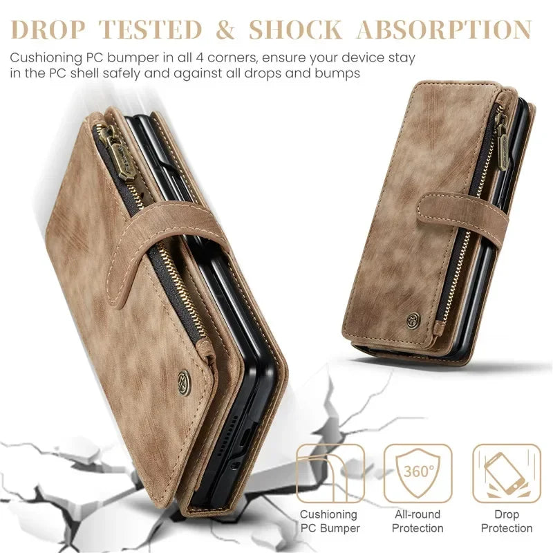 Luxury Lanyard Leather Zipper Wallet Card Phone Case For Samsung Galaxy Z Fold 7 6 5 4 Fold6 Fold5 Fold4 Purse Flip Stand Cover