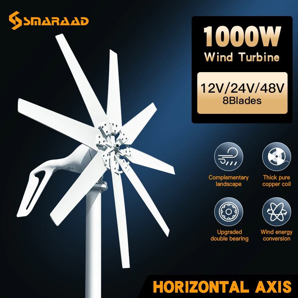 1000w Wind Turbine Generator 12V 24V 48V DC 220v AC Home System Free Green Alternative Energy Solar Panels Home Energy Solutions