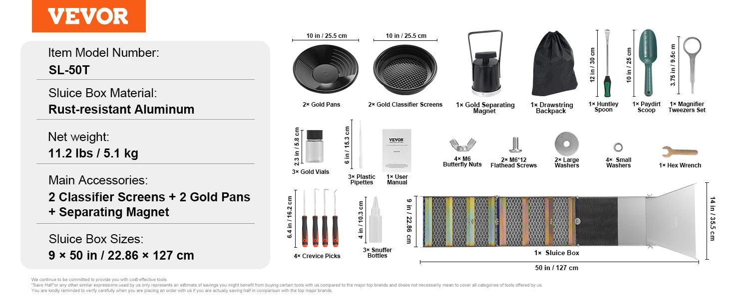 VEVOR Gold Panning Kit With Mini Sluice Box,12/50In Aluminum Gold Mining Equipment, 16/23 PCS Prospecting Kit with Gold Pan