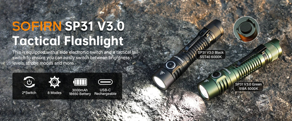 Sofirn SP31 V3.0 Tactica Flashlight with Dual Switch USB C 18650 Rechargeable Power Indicator 6000K Torch
