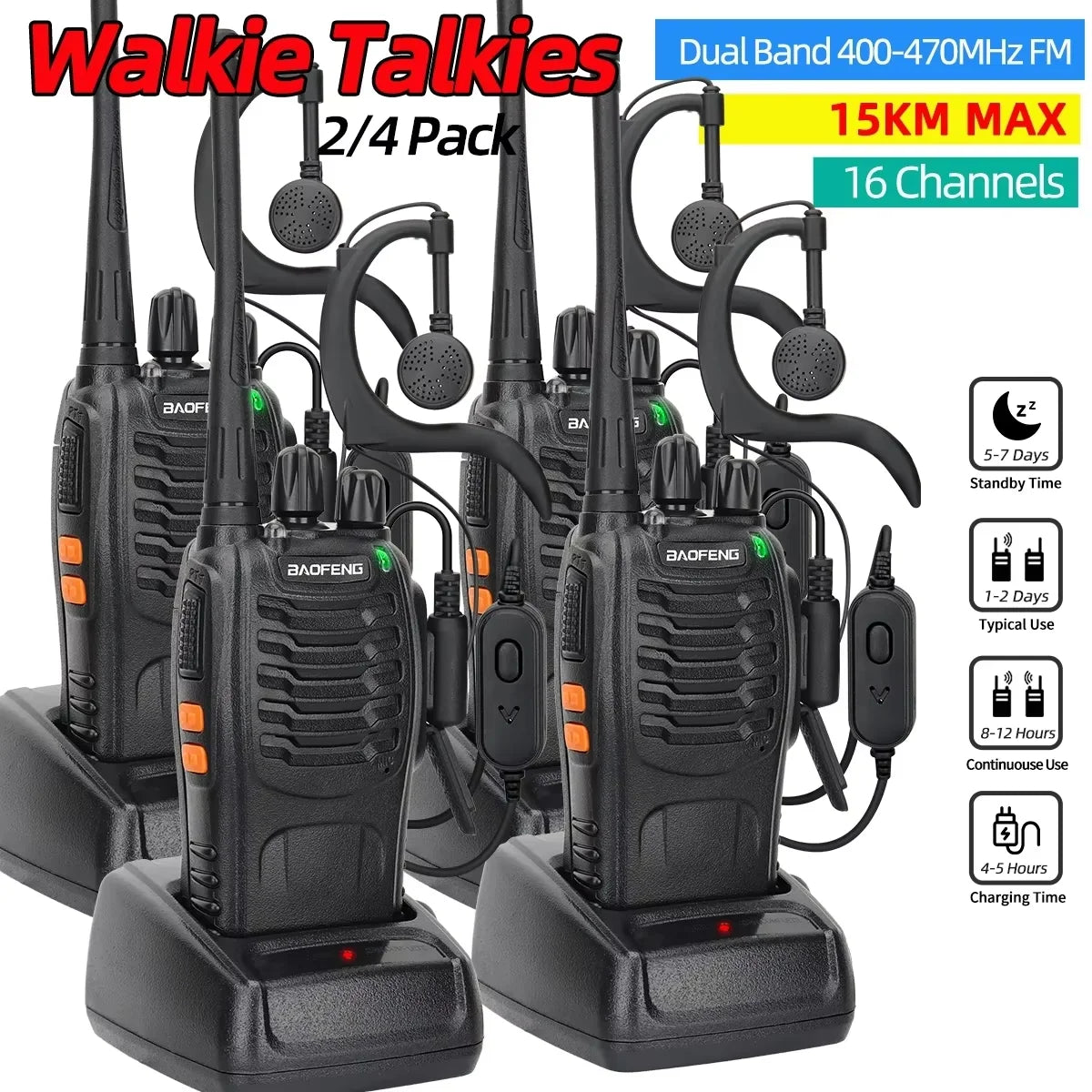 2/4PCS Baofeng Long Range UHF 400-470MHz USB/EU/US Ham Two Way Radio