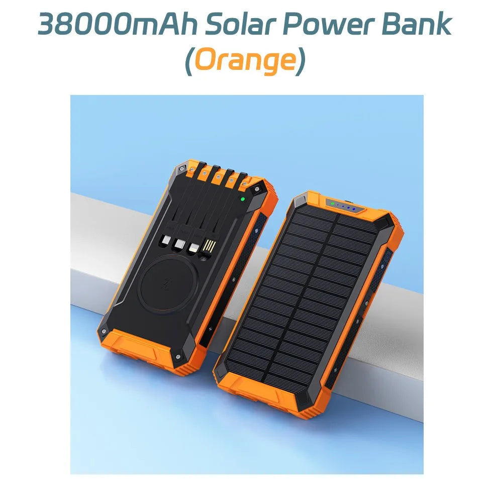 Long-lasting Solar Power Bank, Portable Solar External Battery Pack Built-in Cables, Portable Wireless Charger with Solar Panel