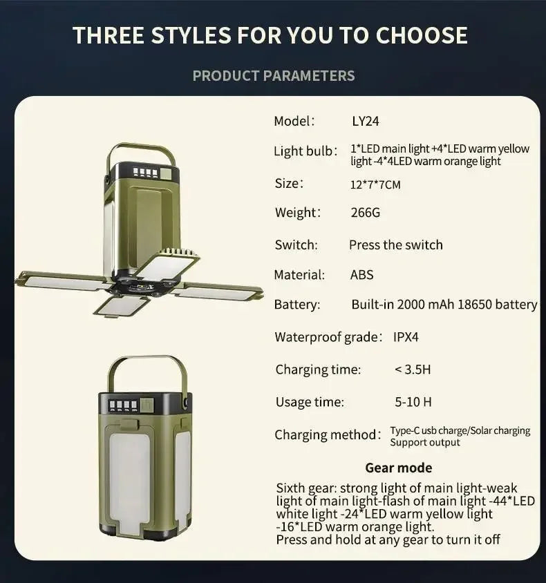2000mAh Solar Camping Light Foldable Portable Tent Light with Intelligent Display Outdoor Hanging Light
