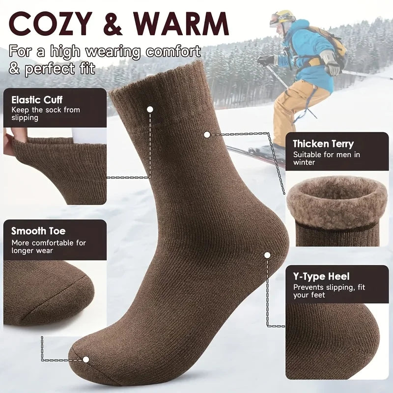 Men's Winter Velvet Snow Socks, 3-Pairs. Plush, warm & knitted for US 9-11. Perfect outdoor/work gift!
