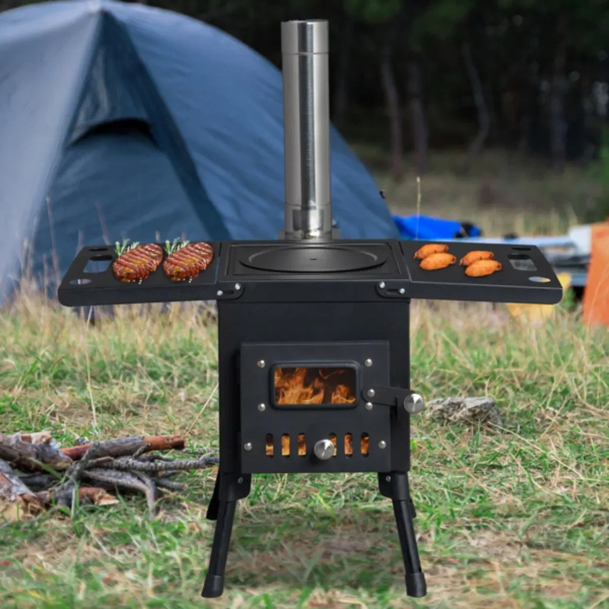 Outdoor Barbecue Charcoal Grill Cooking Portable Black Camping Wood Stove with Chimney Folding Barbecue