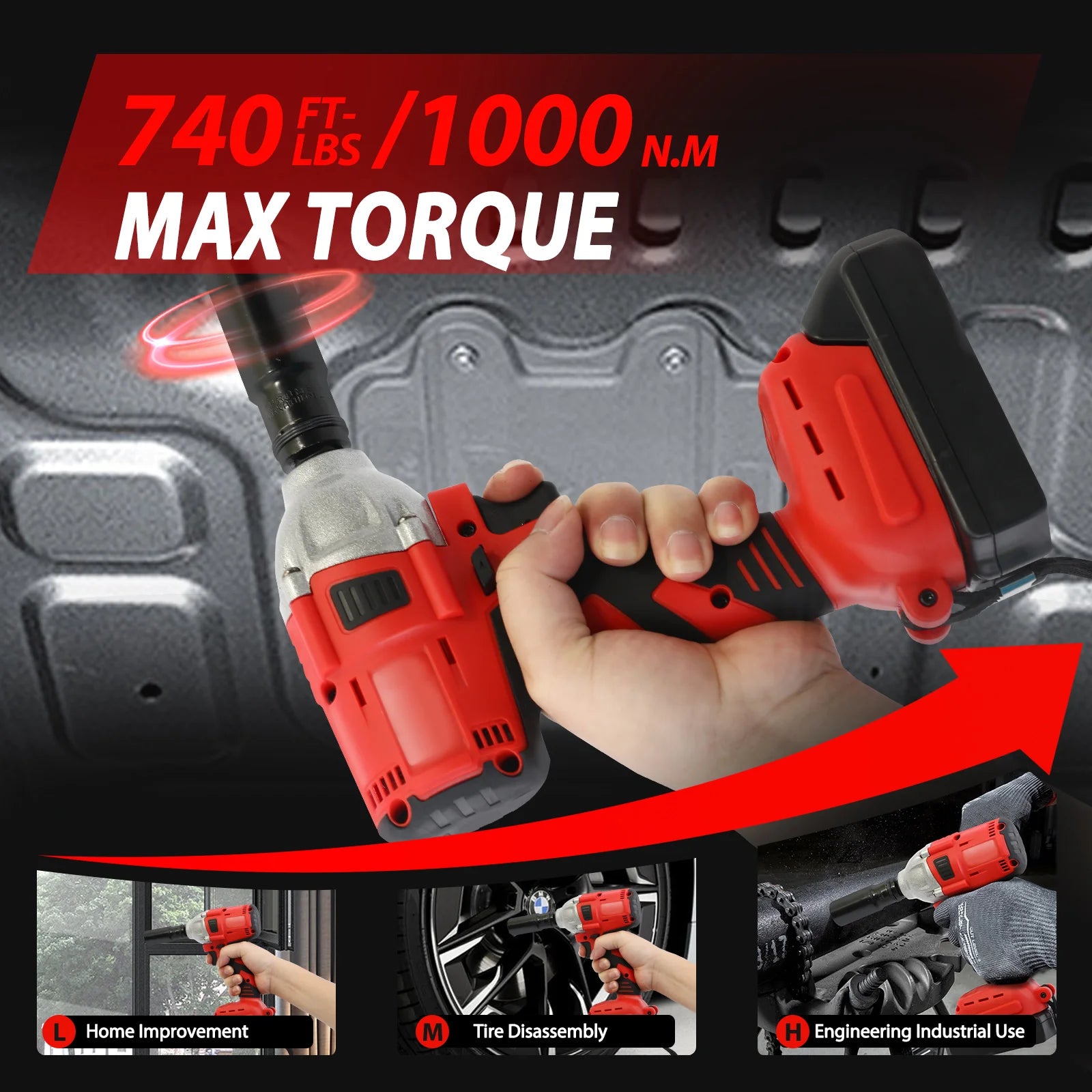 1000N.m (740ft-lbs) Cordless Impact Wrench Brushless Electric High Torque with Batteries 1500MAh 20V Fast Charger for Car Truck
