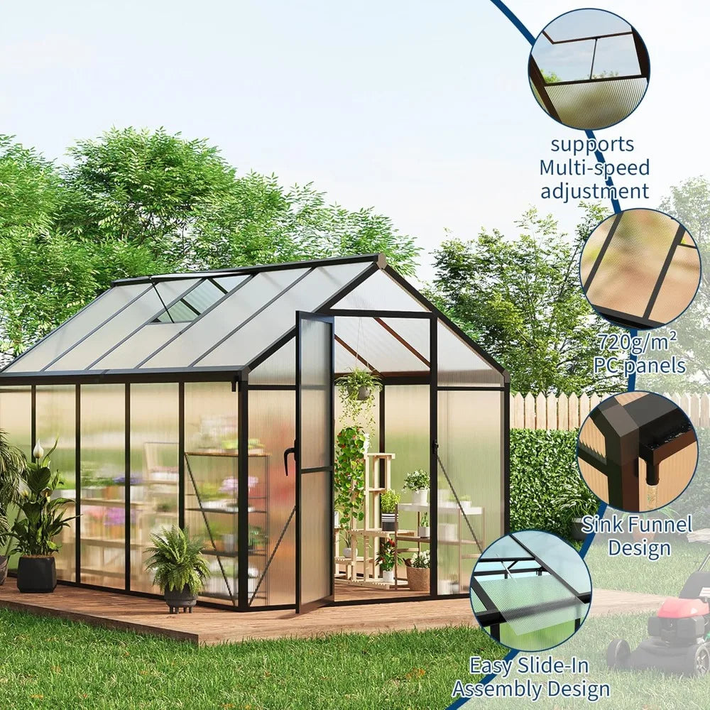 6x10 FT Greenhouse for Outdoors, Polycarbonate Flower with Roof Vent, Push-Pull Lockable Door, Aluminum Walk-in Green