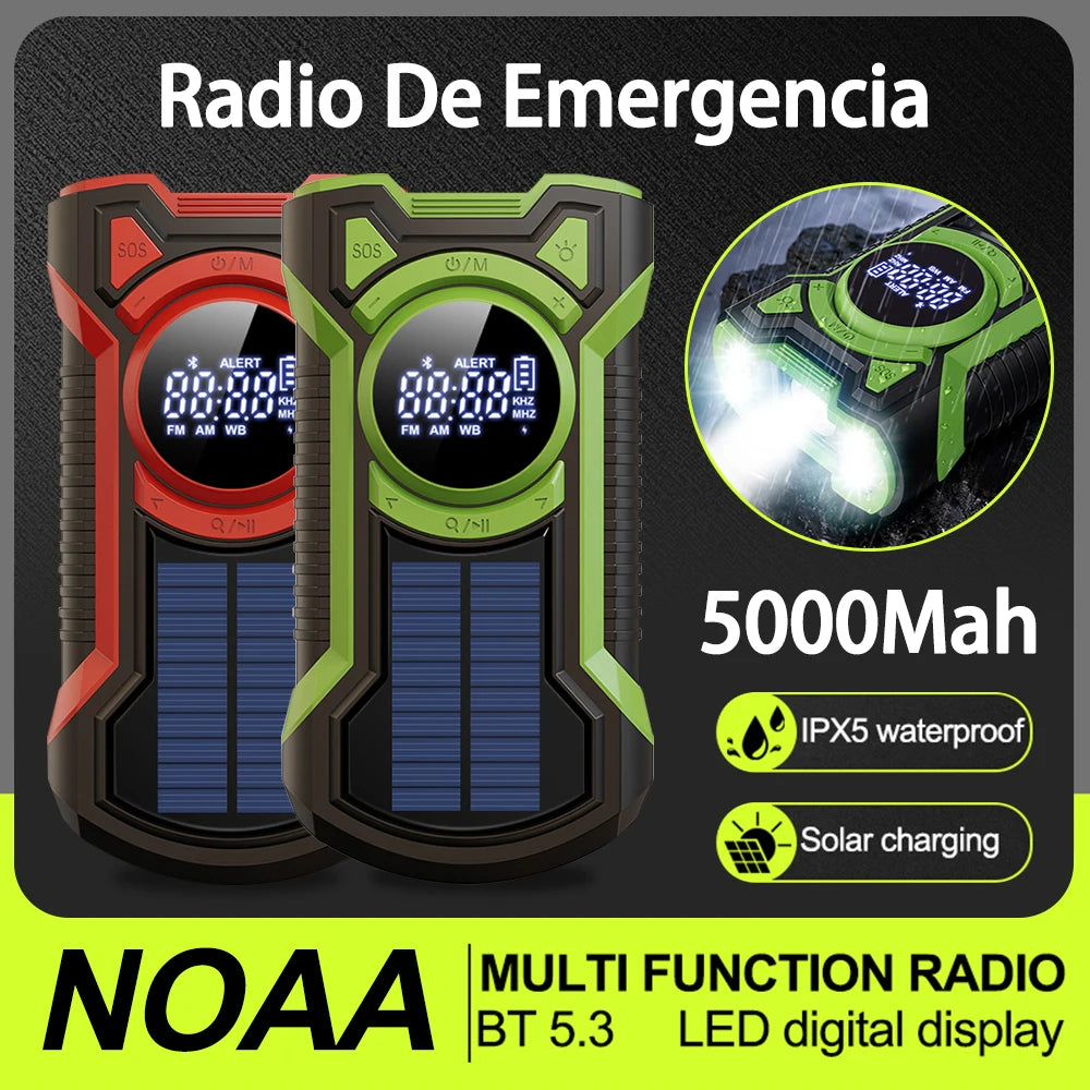 Solar Emergency Weather Radio 5000mAh Hand Crank AM/FM/NOAA Portable Emergency Radio Bluetooth5.3 SOS Alarm for Outdoor Survival