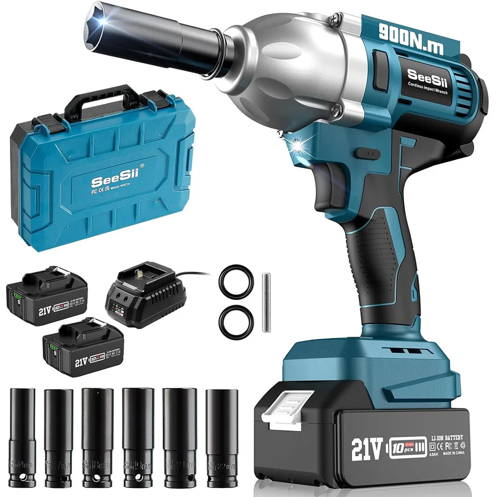 SEESII Cordless Impact Wrench 900N.m Power Impact Gun 1/2'' 3300RPM Brushless Electric Impact Driver for Home Car Truck Mower