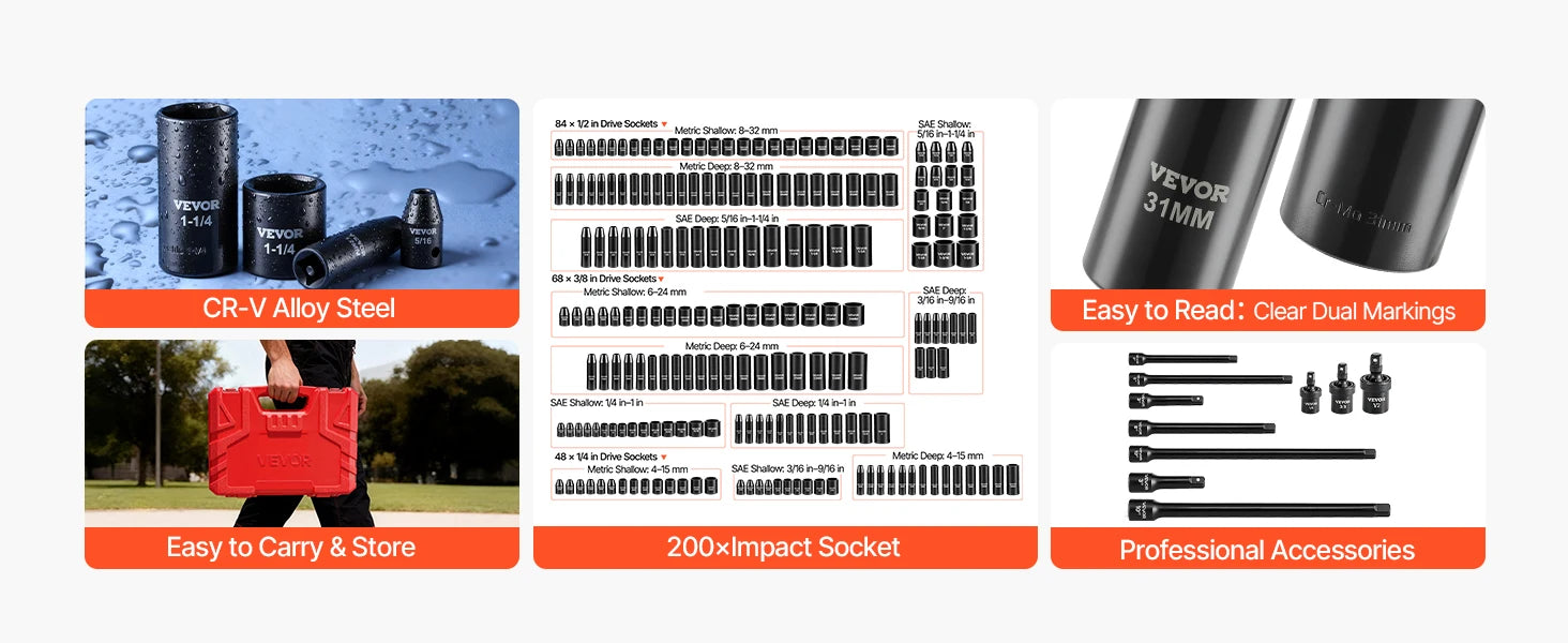 VEVOR 1/4, 3/8 & 1/2 Inch Drive Impact Socket Set, 210-Piece Full Metric/Standard with Extensions & Universal Joint, 3 Cases