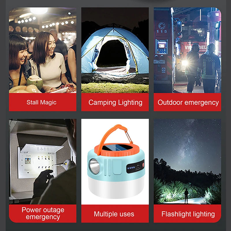 Outdoor Solar Camping Light High Power Work Light LED Flashlight Emergency Power Bank Tent Hanging Lamp Lantern Rechargeable