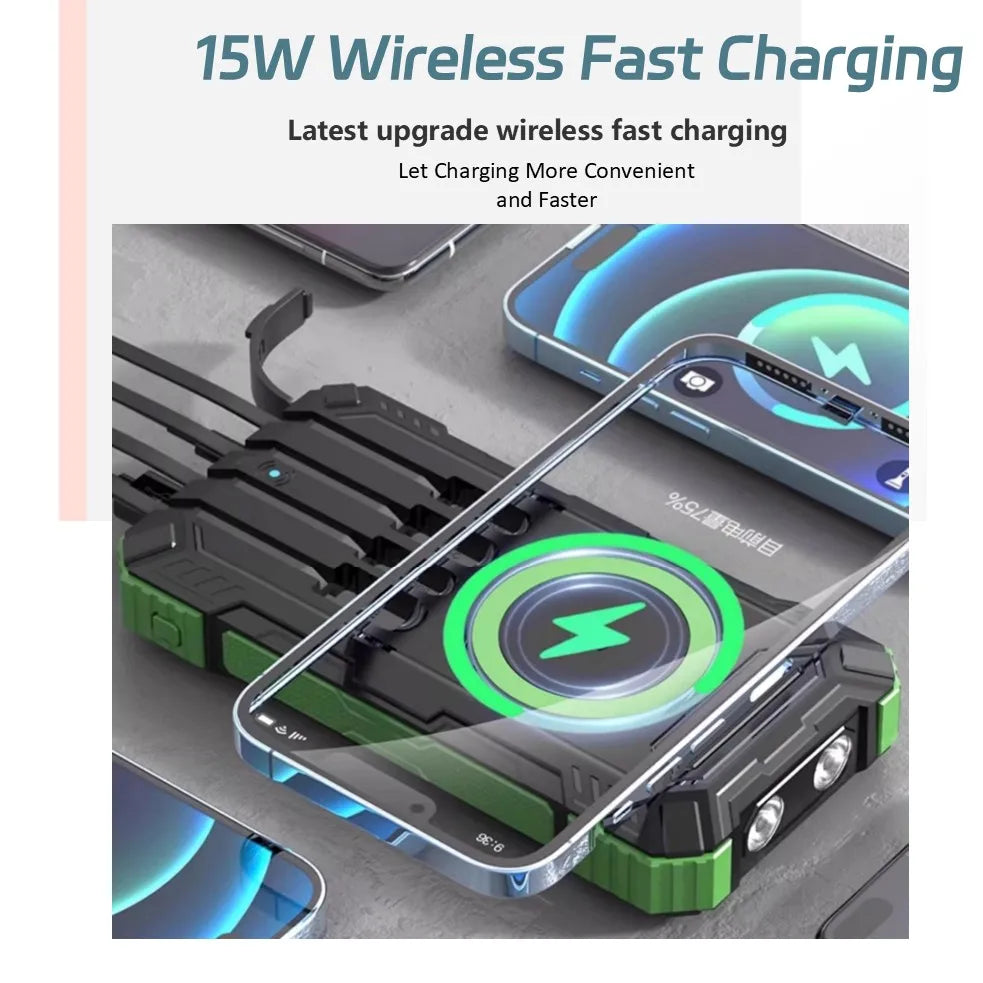 Long-lasting Solar Power Bank, Portable Solar External Battery Pack Built-in Cables, Portable Wireless Charger with Solar Panel