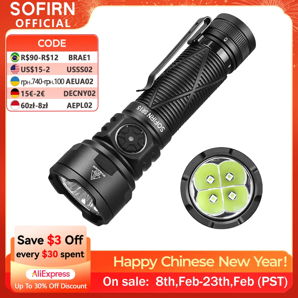 Sofirn SR15 Flashlight 4500LM SFT25R Powerful LED Light 21700 USB C Rechargeable 5V/3A Charge and Discharge Torch
