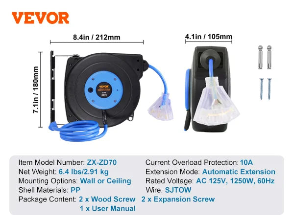 SucceBuy Retractable Extension Cord Reel 30FT Lighted Triple Tap Outlet 10 Amp Circuit Breaker 4.5FT Lead-in Cord Electrical Use
