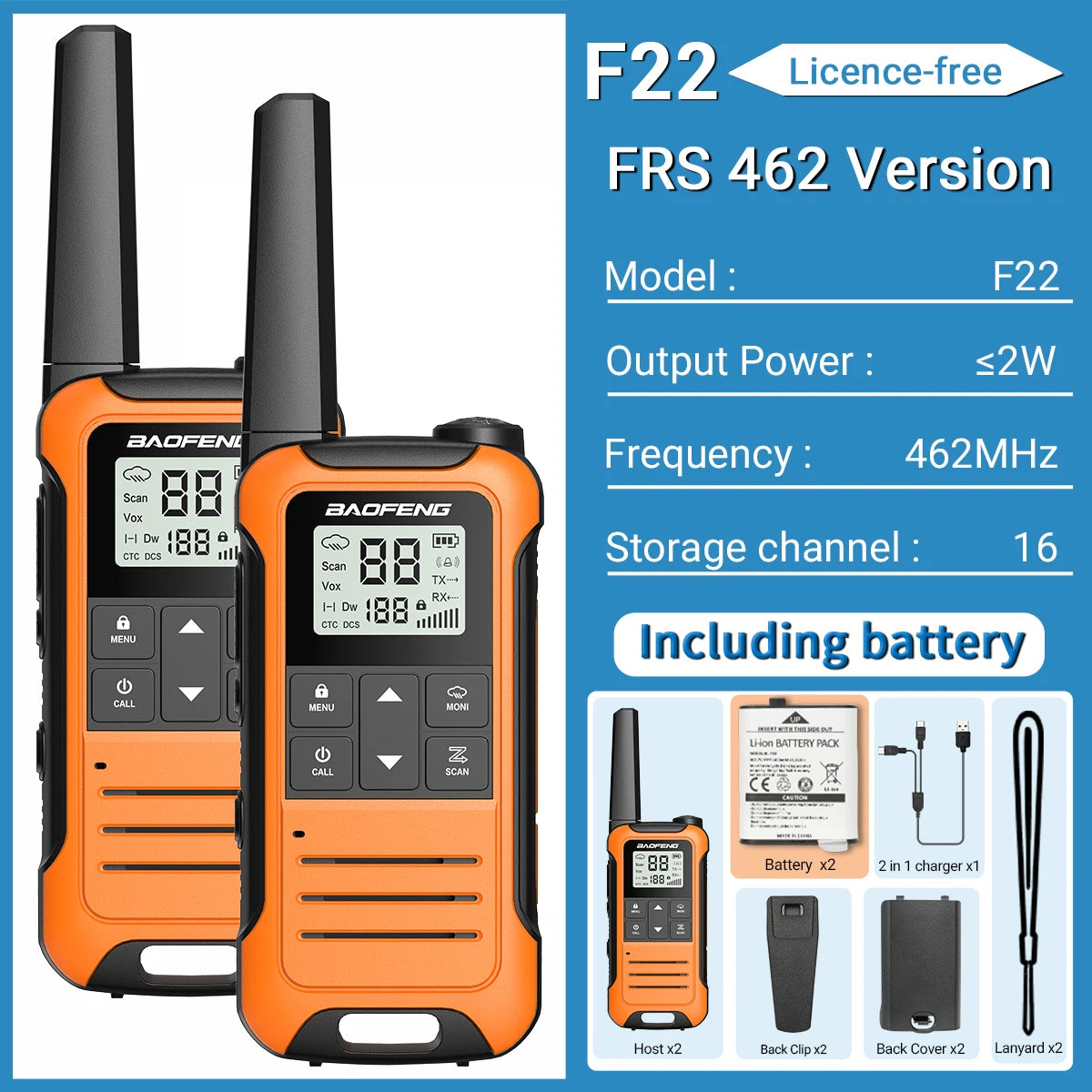 2pcs Baofeng F22 Mini Walkie Talkie PMR FRS Long Range Rechargable Portable Kids Two Way Radio Type-C Charger for Camping Trip