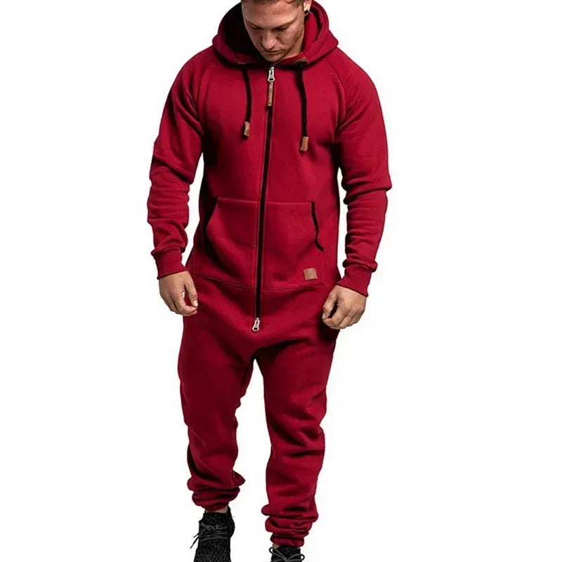 Mens Onesie Jumpsuit Pajamas Long Sleeve Sweatpants Pure Color Splicing Autumn Winter Casual Hoodie Male Zipper Jumpsuit
