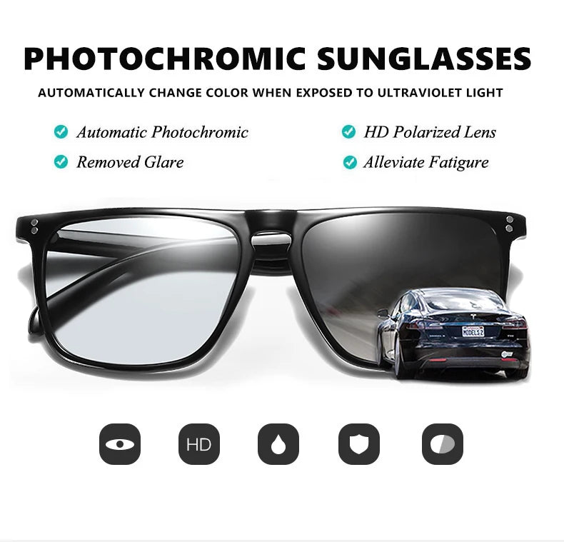 Brand Rivet Square Photochromic Sunglasses Men Polarized Women Driving Sun Glasses Day Night Vision Anti-Glare zonnebril heren