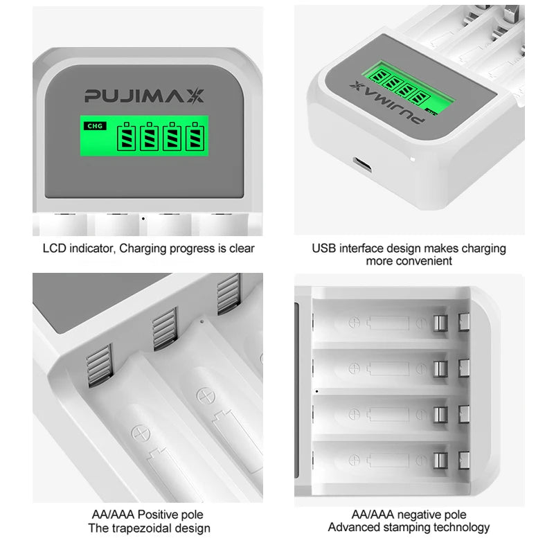 PUJIMAX 4 Slots LCD Display Intelligent Battery Charger For AA/AAA NiCd NiMh Rechargeable Batteries Fast Charging With Cable