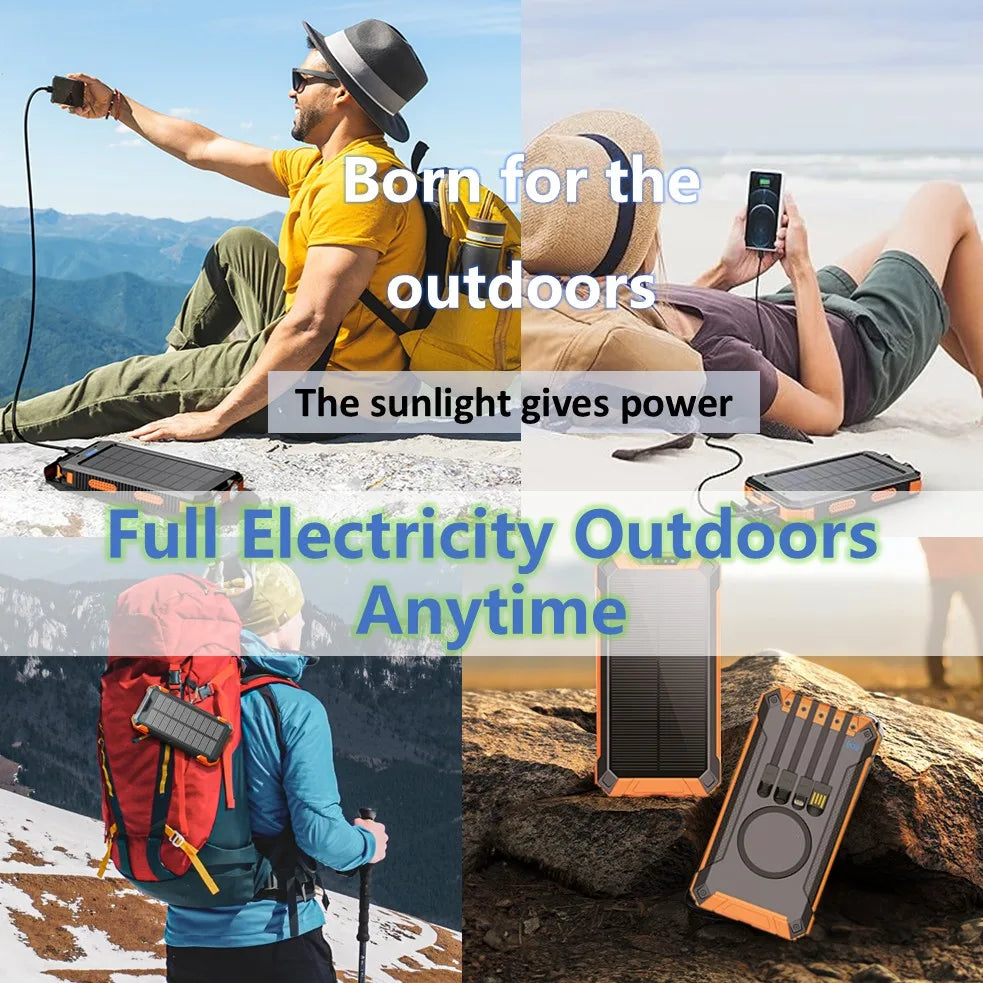 Long-lasting Solar Power Bank, Portable Solar External Battery Pack Built-in Cables, Portable Wireless Charger with Solar Panel