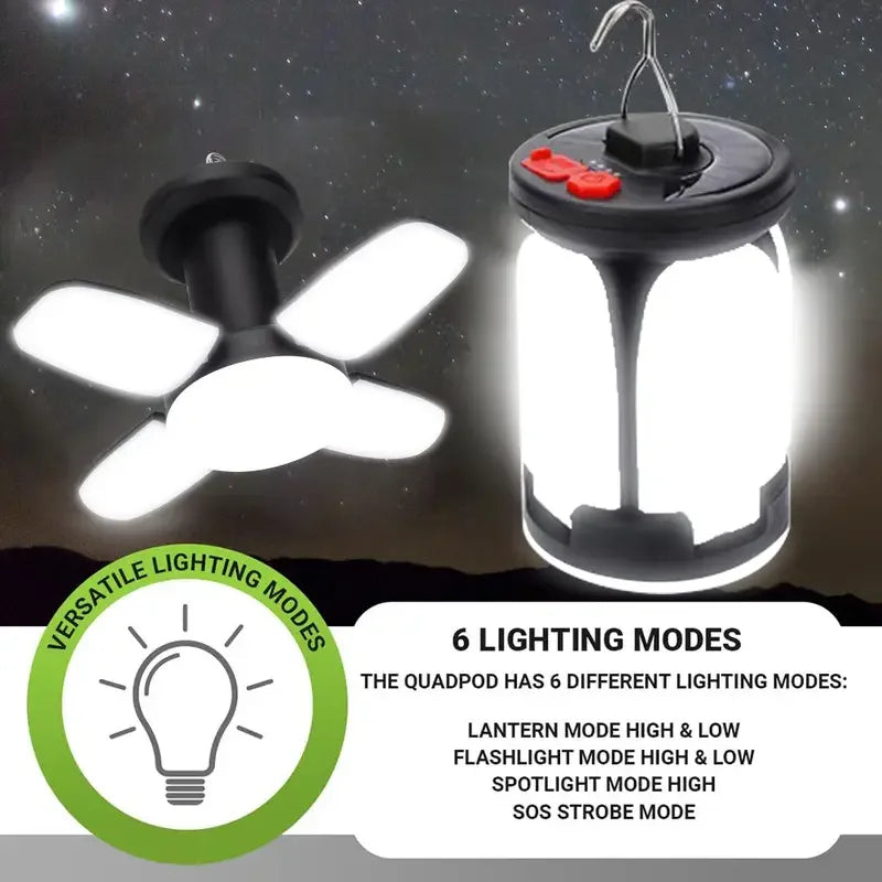 Solar Rechargeable LED Camping Lamp 4 Leaf Foldable Tent Lamp Warm Fire Atmosphere Lamp Outdoor Emergency Lighting Torch Lantern