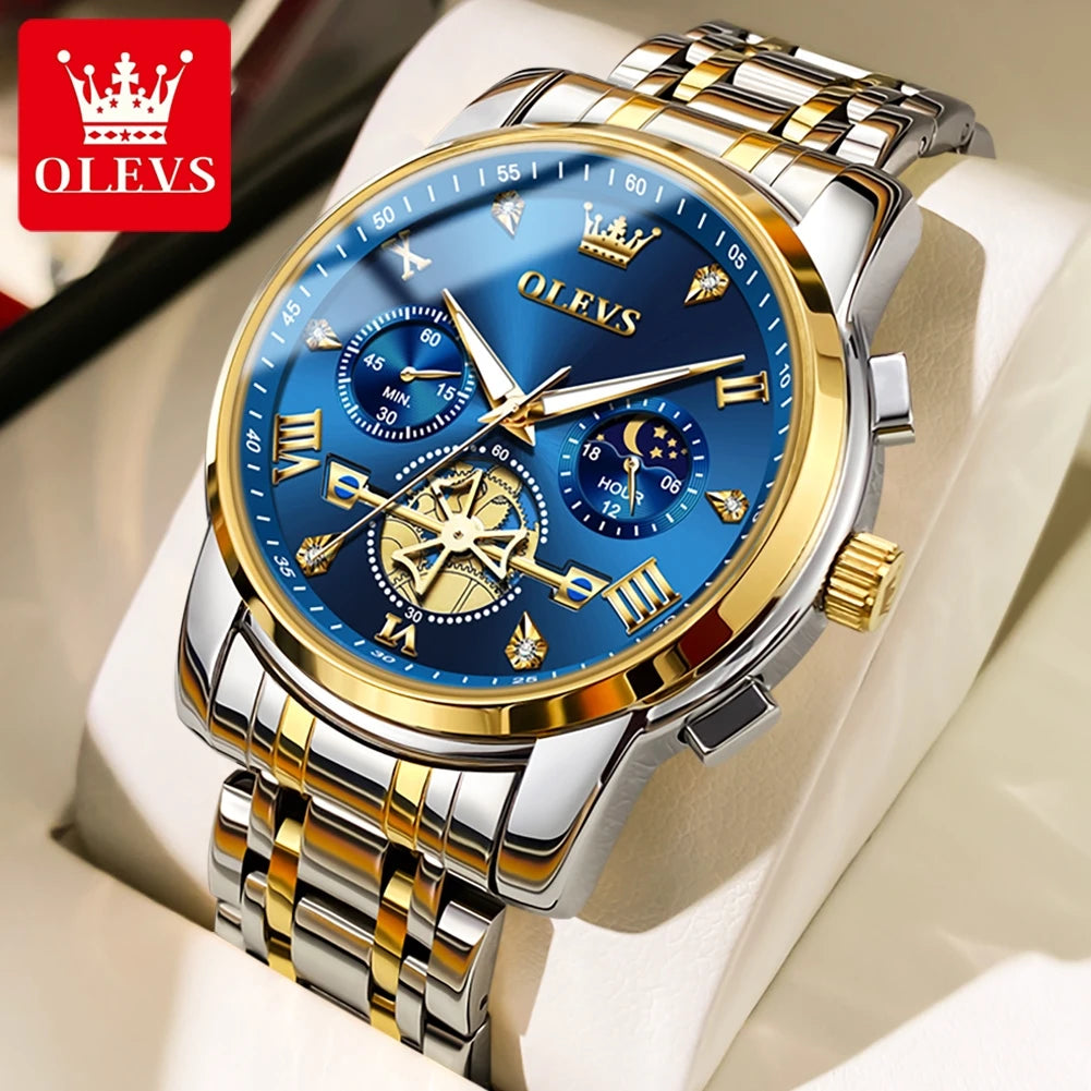 OLEVS 2856 Quartz Watch for Men Flywheel Skeleton Chronograph Moon Phase