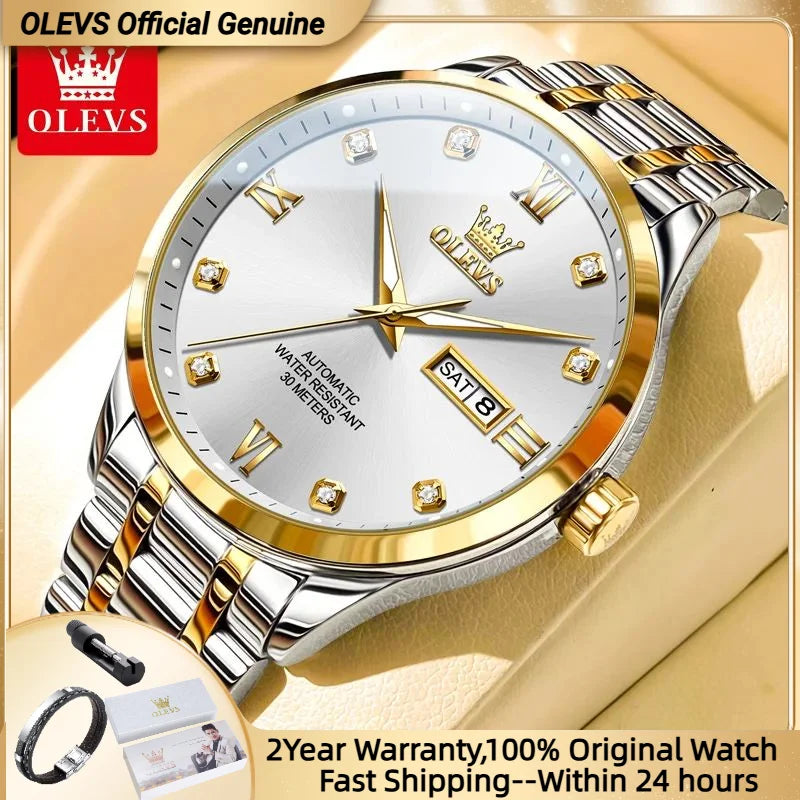 OLEVS 9946 New In Automatic Mechanical Watch for Man Luxury Diamond Dial Dual Calendar Display Auto Date Clock Waterproof Watch
