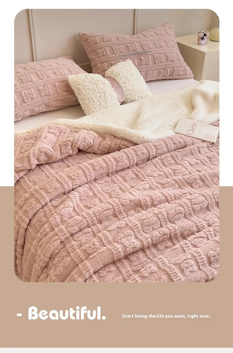Thickened Coral Fleece Bed Blankets for Winter Warm Soft Imitation Lambs Wool Jacquard Blankets for Bedroom Sleeping Sofa Throw