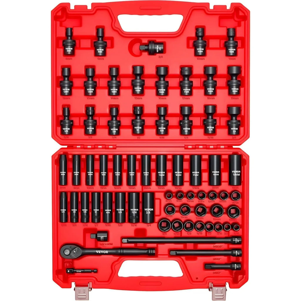 VEVOR 1/4, 3/8 & 1/2 Inch Drive Impact Socket Set, 210-Piece Full Metric/Standard with Extensions & Universal Joint, 3 Cases