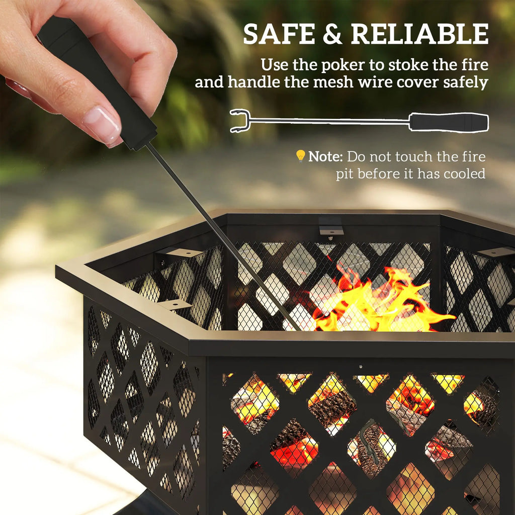 28" Outdoor Fire Pit with Grill Hexagon Fireplace Wood Burning Firepit with Cooking Grate, Fire Poker, Spark Screen Lid
