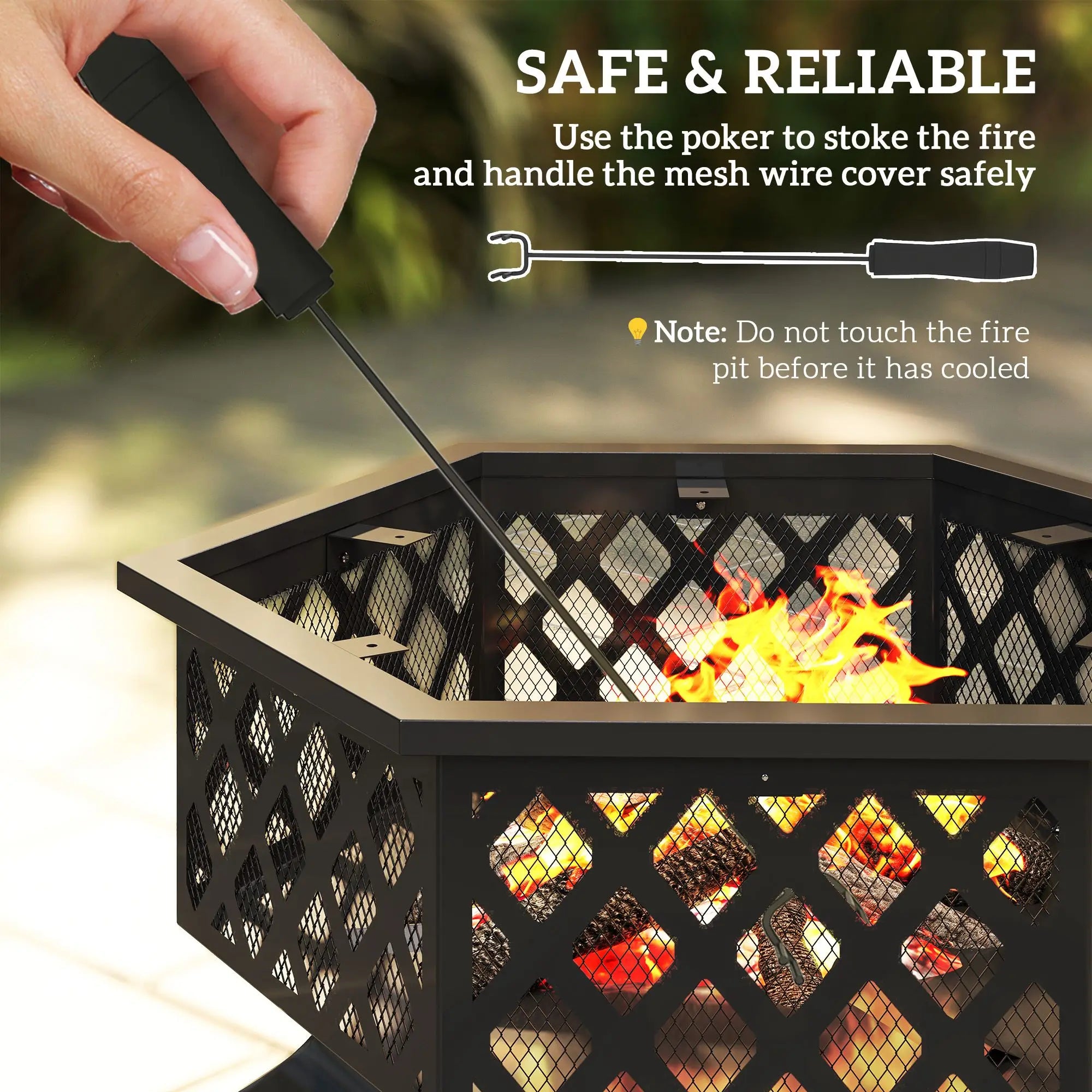 28" Outdoor Fire Pit with Grill Hexagon Fireplace Wood Burning Firepit with Cooking Grate, Fire Poker, Spark Screen Lid